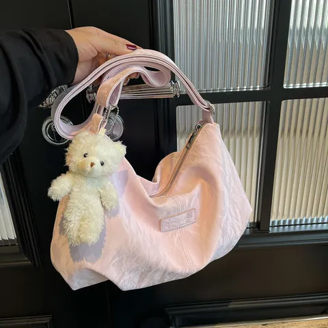 Women's Large Capacity Pleated Shoulder Bag Lightweight Hobo Tote With Plush Bear Pendant Velvet Casual Commuter Bag