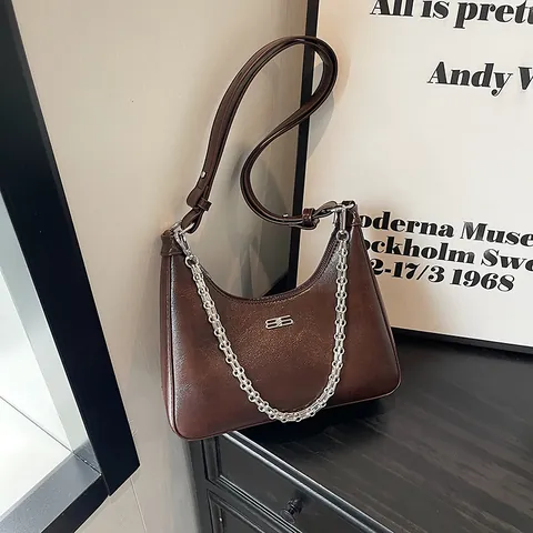 Borsa Sottobraccio in Pelle PU con Motivo Crepato per Donna Borsa a Spalla a Mezzaluna con Catena in Metallo Casual