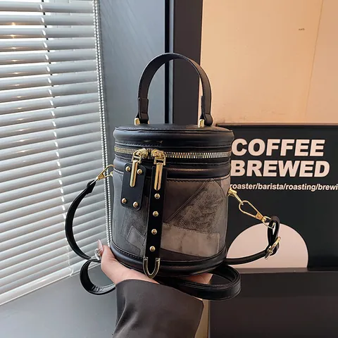 Retro Patchwork Cylinder Bucket Bag Women Fashion Leopard Print PU Leather Handbag Rivet Dual Zipper Shoulder Crossbody Bag