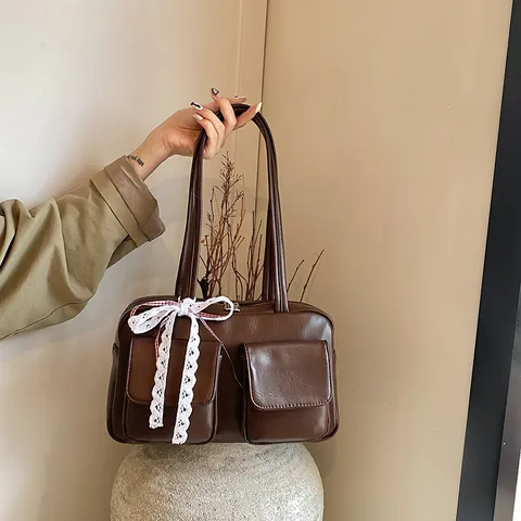 Borsa Tote Vintage in Pelle PU per Donna Borsa a Spalla Grande Capacità con Fiocco in Pizzo Doppie Tasche Frontali Pendolare