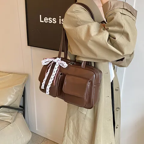 Borsa Tote Vintage in Pelle PU per Donna Borsa a Spalla Grande Capacità con Fiocco in Pizzo Doppie Tasche Frontali Pendolare