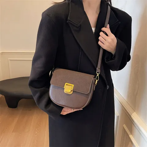 Borsa a Sella da Donna Retro in Camoscio e Pelle Sintetica con Cuciture a Contrasto Borsa a Tracolla con Chiusura a Lucchetto Moda Classica