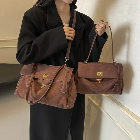 Vintage Suede Large Capacity Shoulder Bag For Women Sophisticated Commuter Handbag With Gold Lock And Adjustable Strap