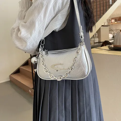 Women Fashion Metallic Wrinkled PU Leather Underarm Bag Y2K Star Logo Shoulder Bag With Silver Chain And Ball Pendant Small Hobo Bag