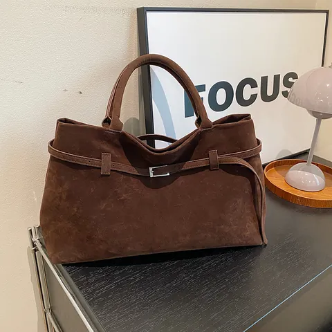 Large Capacity Matte PU Suede Texture Tote Bag For Women Vintage Contrast Color Shoulder Handbag With Belt Buckle Office Daily