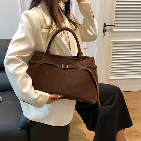 Large Capacity Matte PU Suede Texture Tote Bag For Women Vintage Contrast Color Shoulder Handbag With Belt Buckle Office Daily