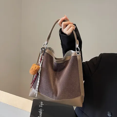 Women Suede Patchwork Tote Bag Polka Dot Rhinestone Shoulder Bag Large Capacity Crossbody Bag With Plush Bear Keychain