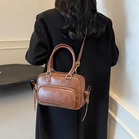 Damen Vintage PU Leder Boston Handtasche Mode Große Kapazität Schulter Umhängetasche Mehrzweck Commuter Rucksack Mit Goldenen Hardware
