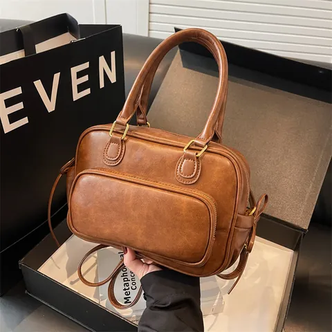 Women Vintage PU Leather Boston Handbag Fashion Large Capacity Shoulder Crossbody Bag Multi-Way Commuter Backpack With Gold Hardware