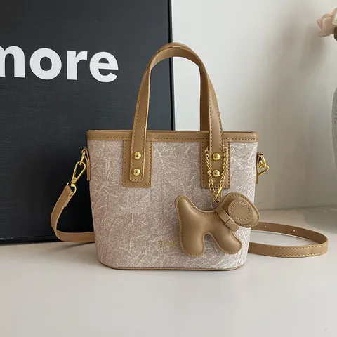Minimalist Women PU Leather Bucket Bag Stone Marble Texture Shoulder Bag With Puppy Charm Commuting Top Handle Handbag