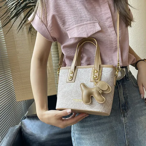Minimalist Women PU Leather Bucket Bag Stone Marble Texture Shoulder Bag With Puppy Charm Commuting Top Handle Handbag