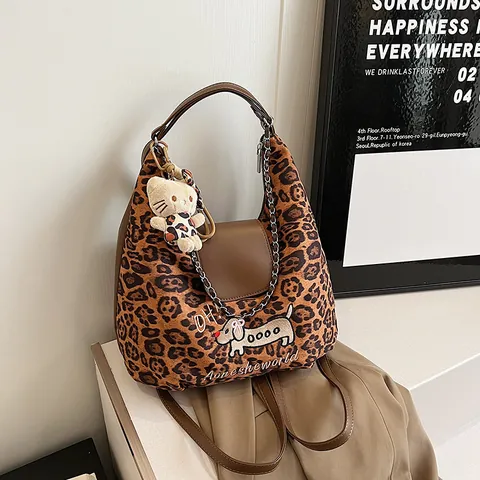 Borsa Tote a Grande Capacità Con Stampa Leopardata e Plaid Donna Ricamo Cane Cartone Animato Borsa a Tracolla Casual