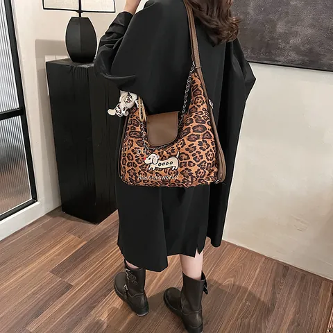 Borsa Tote a Grande Capacità Con Stampa Leopardata e Plaid Donna Ricamo Cane Cartone Animato Borsa a Tracolla Casual