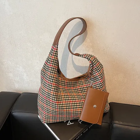 Borsa a Spalla Vintage Pied de Poule Grande Capacità Con Pochette Donna Lana Pelle PU Plaid Hobo Tote Bag Uso Quotidiano