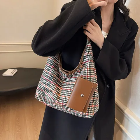 Borsa a Spalla Vintage Pied de Poule Grande Capacità Con Pochette Donna Lana Pelle PU Plaid Hobo Tote Bag Uso Quotidiano