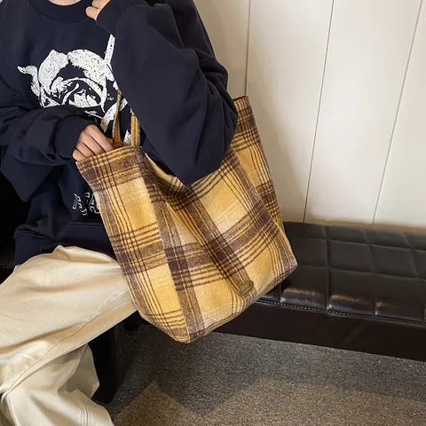 Large Capacity Woolen Plaid Tote Bag For Women Vintage Casual Plaid Shoulder Bag Autumn Winter Reversible Handbag