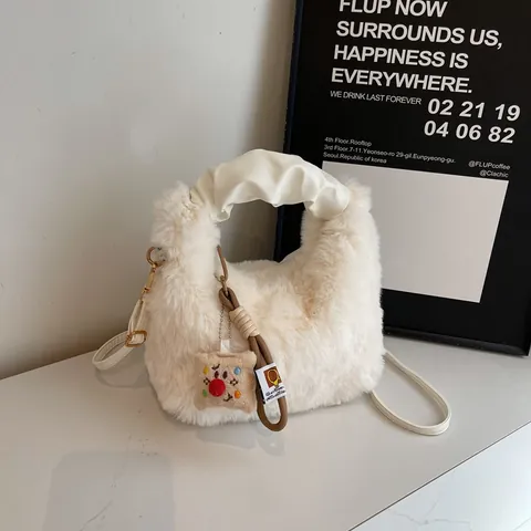 Damen Kunstpelz Eimertasche Flauschige Handtasche Mit Gerafftem Ledergriff Verstellbarer Schultergurt Süße Umhängetasche