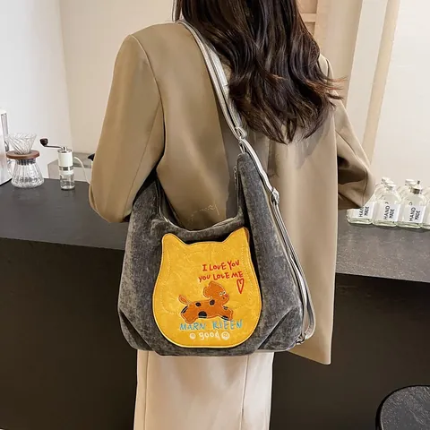 Damen Retro Cordsamt Tragetasche Große Kapazität Umhängetasche Mit Cartoon Hund Katze Aufnäher Stickerei Lässig Täglich Shopper Handtasche