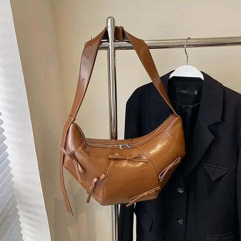 Damen Mode Schleife Dekor Halbmond Schultertasche Große Kapazität PU Leder Hobo Tasche Minimalistisch Retro Pendler Achseltasche