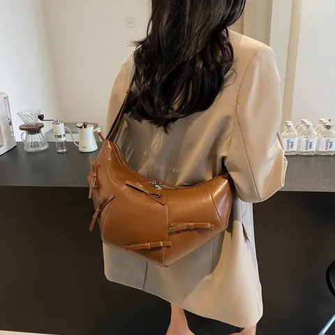 Damen Mode Schleife Dekor Halbmond Schultertasche Große Kapazität PU Leder Hobo Tasche Minimalistisch Retro Pendler Achseltasche