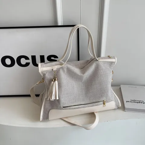 Large Capacity Women Tote Bag Spliced Fabric Synthetic Leather Tassel Shoulder Bag Crossbody Handbag Daily Commute Purse