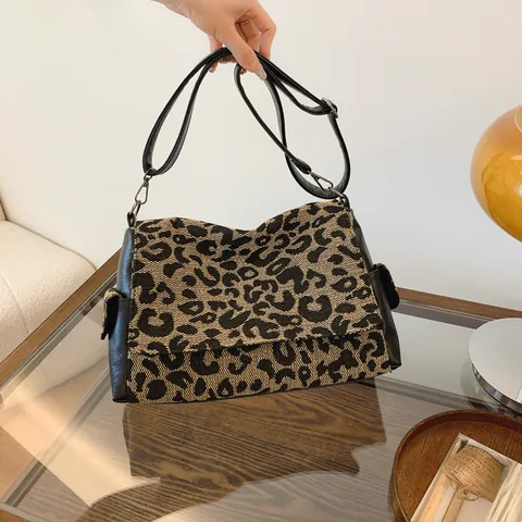 Vintage Leopardenmuster Jacquard Tragetasche Damen Große Kapazität Schultertasche Kunstleder Nähte Verstellbarer Gurt Handtasche