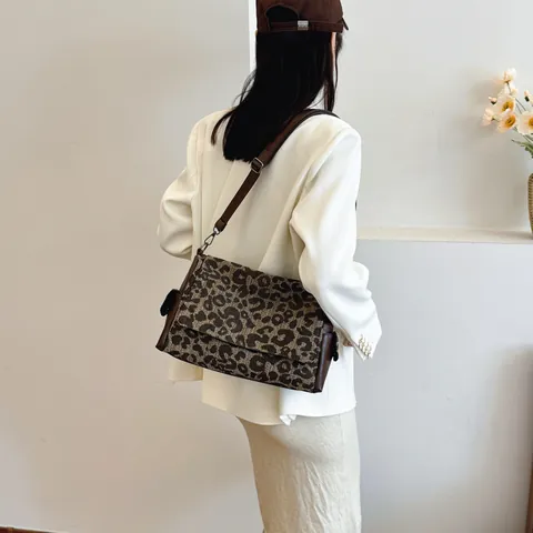 Vintage Leopardenmuster Jacquard Tragetasche Damen Große Kapazität Schultertasche Kunstleder Nähte Verstellbarer Gurt Handtasche
