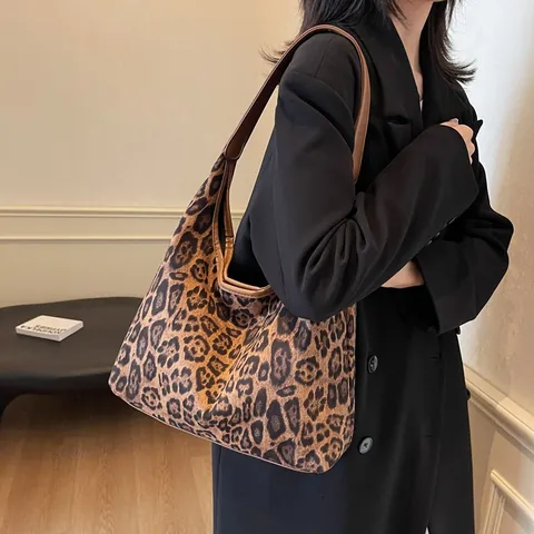 Damen Leopardenmuster Wildleder Tote Bag Große Kapazität Hobo Schultertasche Mode Vintage Tiermuster Lässige Pendler Handtasche