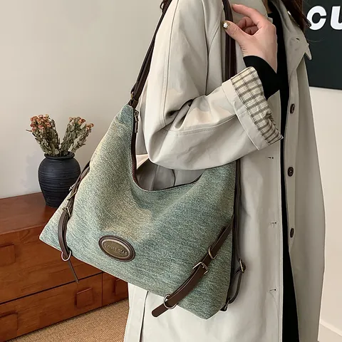 Borsa a Spalla in Denim da Donna Grande Capacità Retro Hobo Tote Bag Tracolla in Pelle Regolabile Casual Moda Crossbody