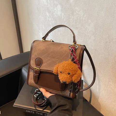 Vintage Kontrastfarbe Damen Rucksack PU Leder Handtasche Multifunktionale Schultertasche Mit Teddy Plüsch Hund Anhänger