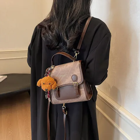 Vintage Kontrastfarbe Damen Rucksack PU Leder Handtasche Multifunktionale Schultertasche Mit Teddy Plüsch Hund Anhänger