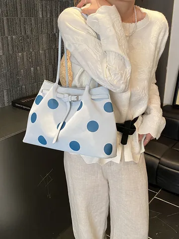 Borsa Tote da Donna alla Moda con Motivo a Pois Grande Capacità in Pelle PU Borsa a Spalla Casual Pendolare con Fibbia in Metallo