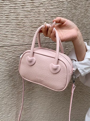 Borsa a Tracolla da Donna in Pelle PU con Texture Crepata Piccola Borsa a Mano Quadrata con Manici a Cuore Borsa a Spalla