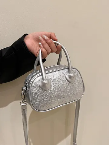 Borsa a Tracolla da Donna in Pelle PU con Texture Crepata Piccola Borsa a Mano Quadrata con Manici a Cuore Borsa a Spalla