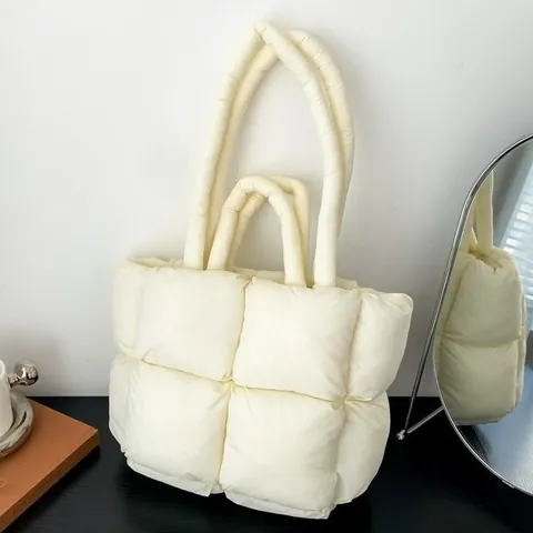 Fashion Women Quilted Padded Tote Bag Solid Color Down Cotton Shoulder Bag Large Capacity Casual Handbag Commuting Puffer Bag