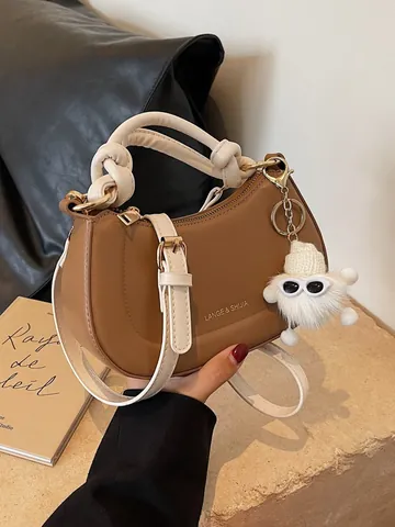 Vintage PU Leder Geknoteter Griff Umhängetasche Für Damen Urban Minimalistisch Kontrastfarbe Handtasche Mit Plüschmonster Anhänger