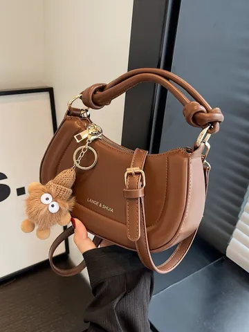 Vintage PU Leder Geknoteter Griff Umhängetasche Für Damen Urban Minimalistisch Kontrastfarbe Handtasche Mit Plüschmonster Anhänger