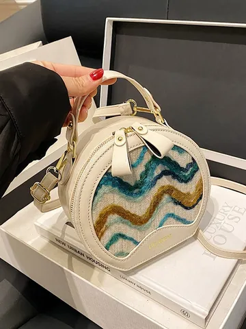 Women's Vintage Round Handbag Retro Wave Texture PU Leather Crossbody Bag Color Contrast Splicing Shoulder Bag
