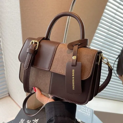 Vintage Farbblock PU Leder Handtasche Für Damen Mode Einfache Umhängetasche Quadratisch Mit Einzelgriff Verstellbarem Gurt