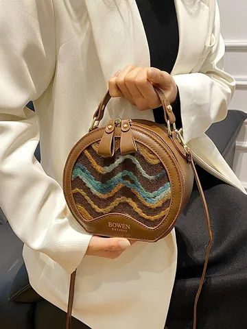 Women's Vintage Round Handbag Retro Wave Texture PU Leather Crossbody Bag Color Contrast Splicing Shoulder Bag