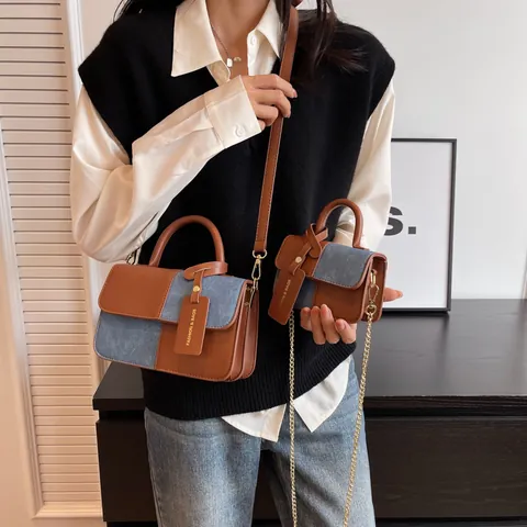 Vintage Farbblock PU Leder Handtasche Für Damen Mode Einfache Umhängetasche Quadratisch Mit Einzelgriff Verstellbarem Gurt