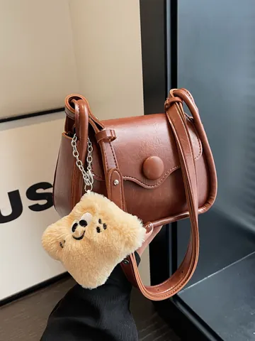 Vintage Small Square Crossbody Bag For Women Luxury PU Leather Shoulder Bag With Plush Charm Solid Color Fashion Handbag