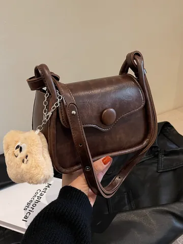 Vintage Small Square Crossbody Bag For Women Luxury PU Leather Shoulder Bag With Plush Charm Solid Color Fashion Handbag