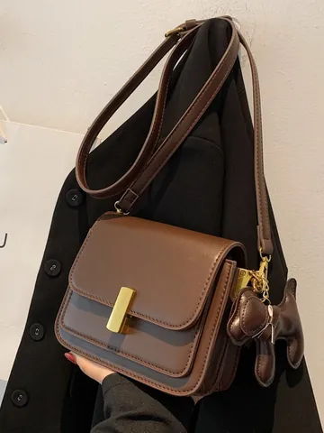 Women Fashion PU Leather Small Square Crossbody Bag With Gold Metal Lock And Puppy Charm Elegant Commuter Shoulder Bag