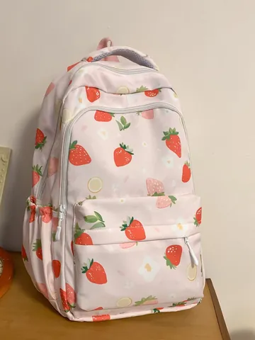 Simpatico Zaino con Stampa Floreale Fragola per Ragazze in Nylon Grande Capacità Zaino per Studenti Traspirante Resistente All'usura