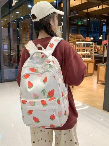 Simpatico Zaino con Stampa Floreale Fragola per Ragazze in Nylon Grande Capacità Zaino per Studenti Traspirante Resistente All'usura