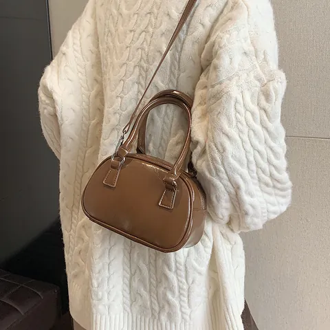 Women Retro Shiny PU Leather Boston Handbag French Style Small Bowling Crossbody Bag With Adjustable Shoulder Strap For Daily
