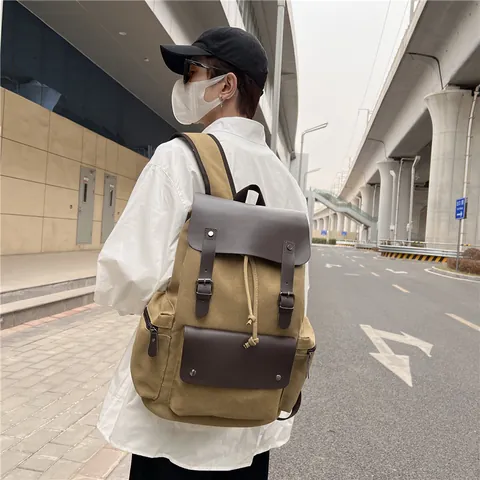 Mochila de Lona Vintage Gran Capacidad Bolsa para Portátil Retro Mochila de Viaje Con Ribete de Cuero Cordón Mochila Escolar Para Hombres Mujeres