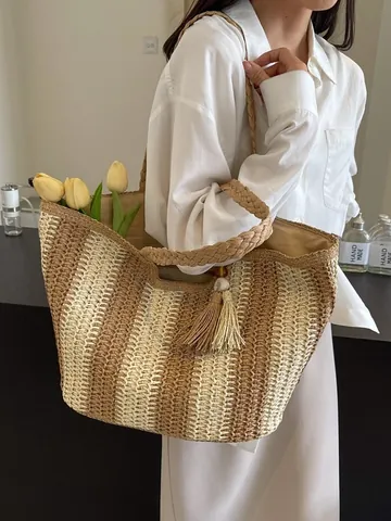 Große Gestreifte Stroh-Tragetasche Gewebte Sommer-Strandtasche Mit Quastenanhänger Urlaub Lässig Für Damen