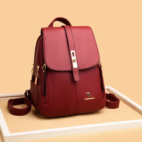 Mochila de Moda para Mujer de Cuero PU con Grano de Lichi Gran Capacidad Mochila de Viaje Hebilla de Metal Casual Escuela Bolsa